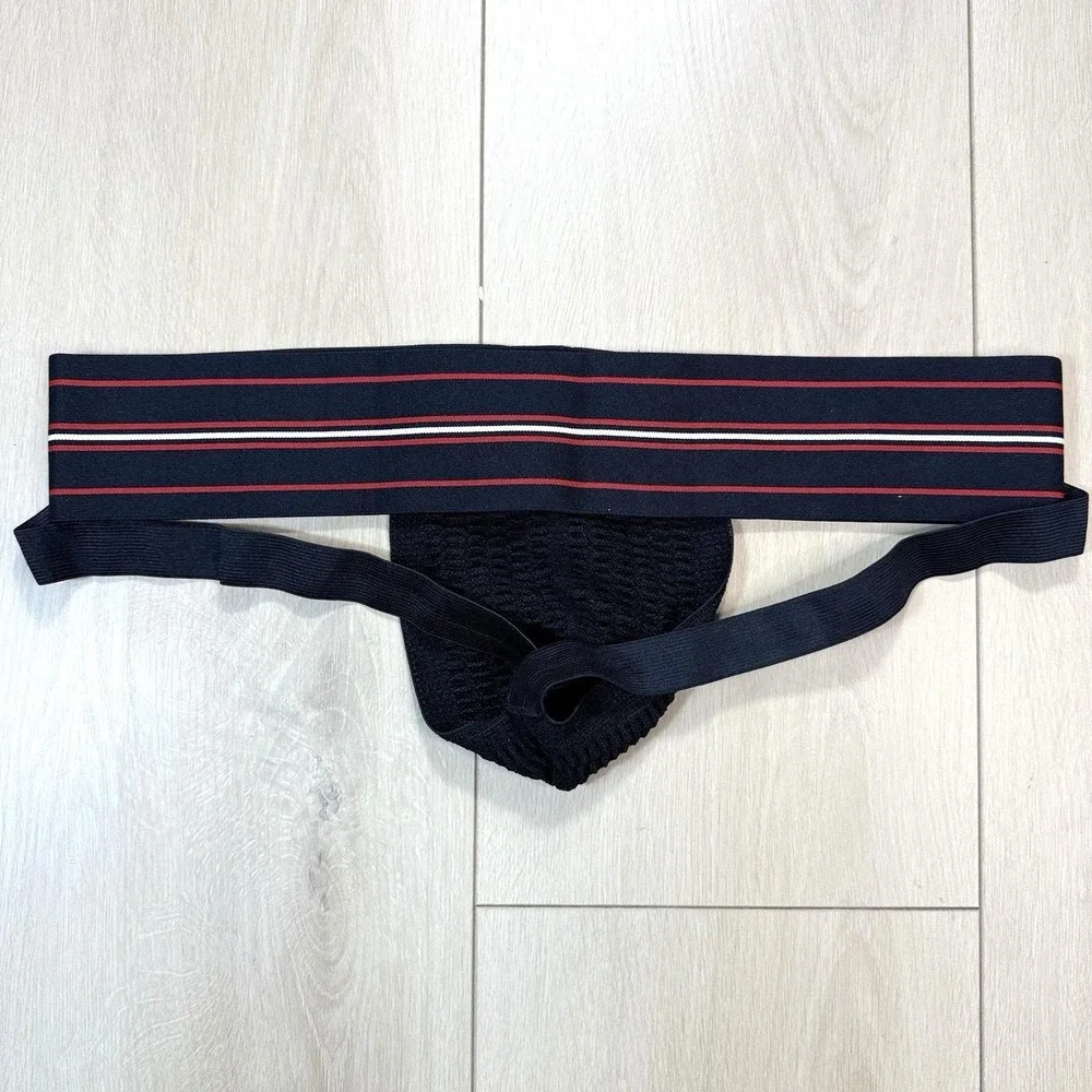 Golberg Men Athletic Supporter Jockstrap Black Mesh Pouch Striped Waistband L/XL